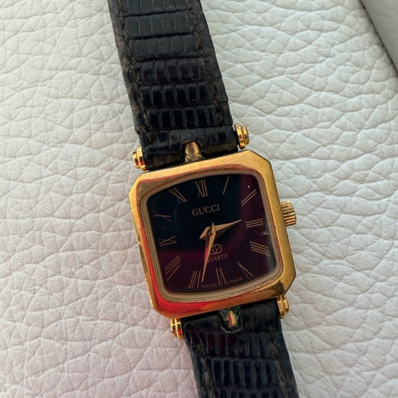 Gucci Accessories - Gucci Gold Tone Square Black Dial Leather Strap Watch